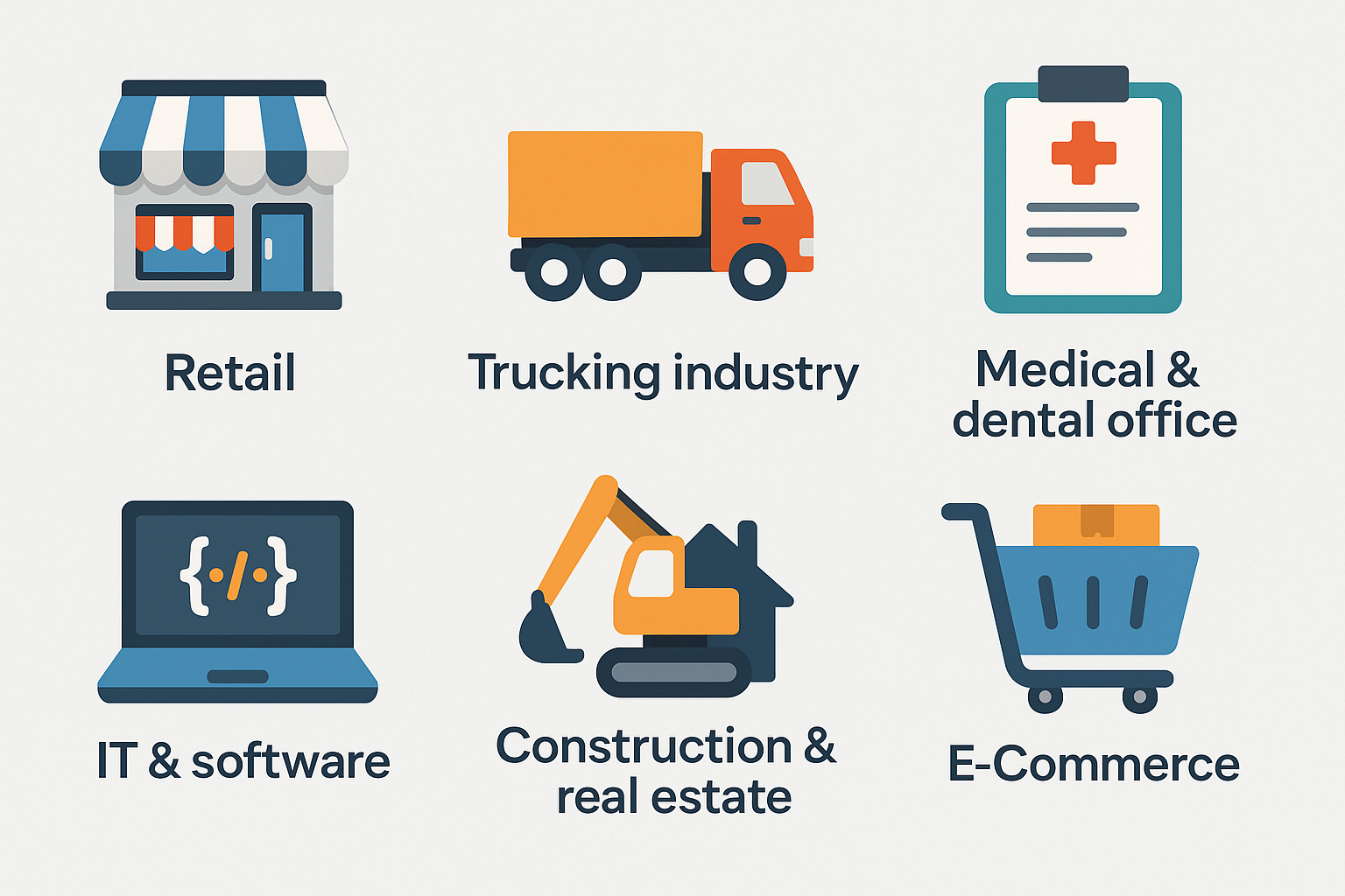 Retail, Medical & Dental Office, Construction & RealEstate, IT & Software, Trucking, E-Commerce 